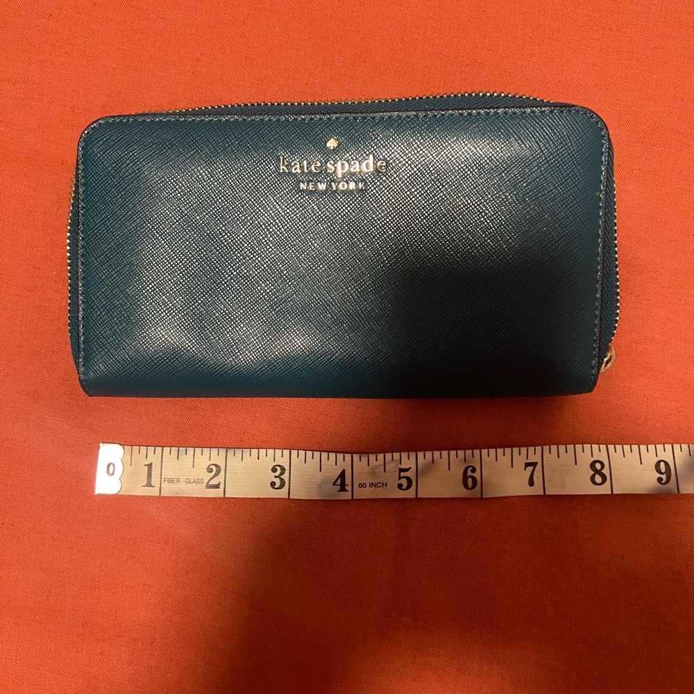 kate spade teal blue saffiano leather wallet with cream lining